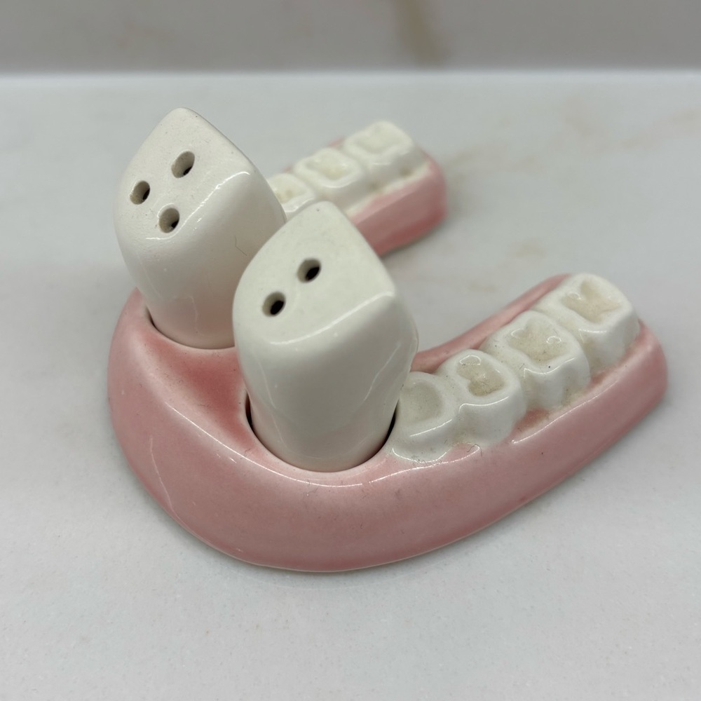 Vintage SSD Rare Pink and White Tooth Shaped Salt and Pepper Shakers Japan